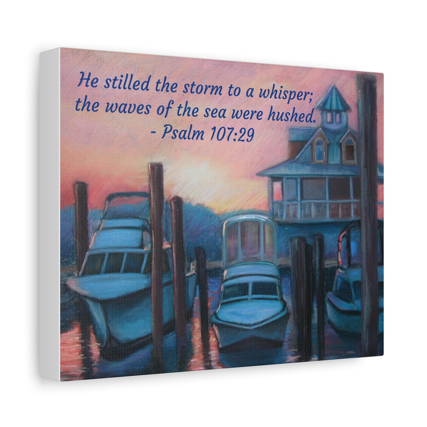 Inspirational Canvas Wall Art, Nautical Decor, Christian Gift, Psalm 107:29 Artwork, Serenity Home Decor, Waterfront Wall Hanging