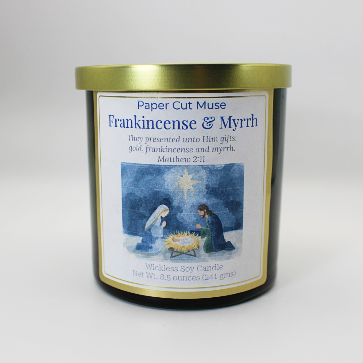 Wickless Frankincense & Myrrh Soy Candle – Holiday Limited Release 8.5 oz Sacred Resin Scent Green Jar with Gold Lid USA Made