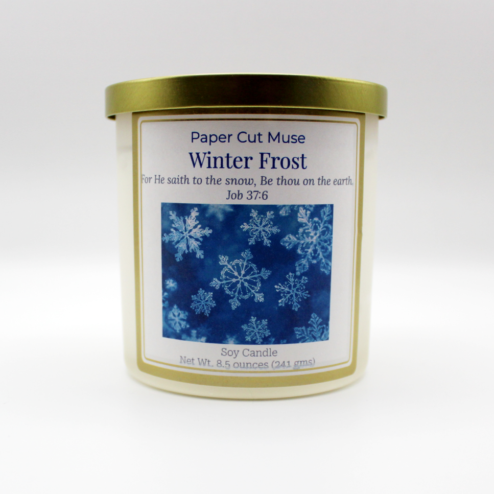 Winter Frost Soy Candle – Holiday Limited Release 8.5 oz Crisp Snow & Hearth Scent Frosted White Jar with Gold Lid USA Made