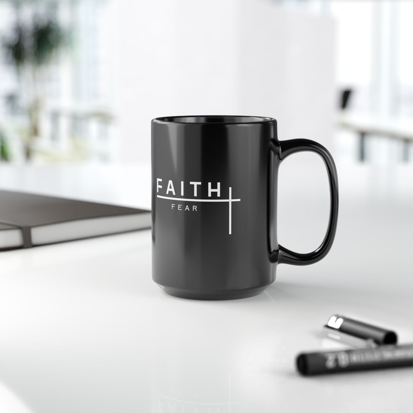 Faith Over Fear Black Ceramic Mug — Inspirational Christian Coffee Cup (11oz/15oz)