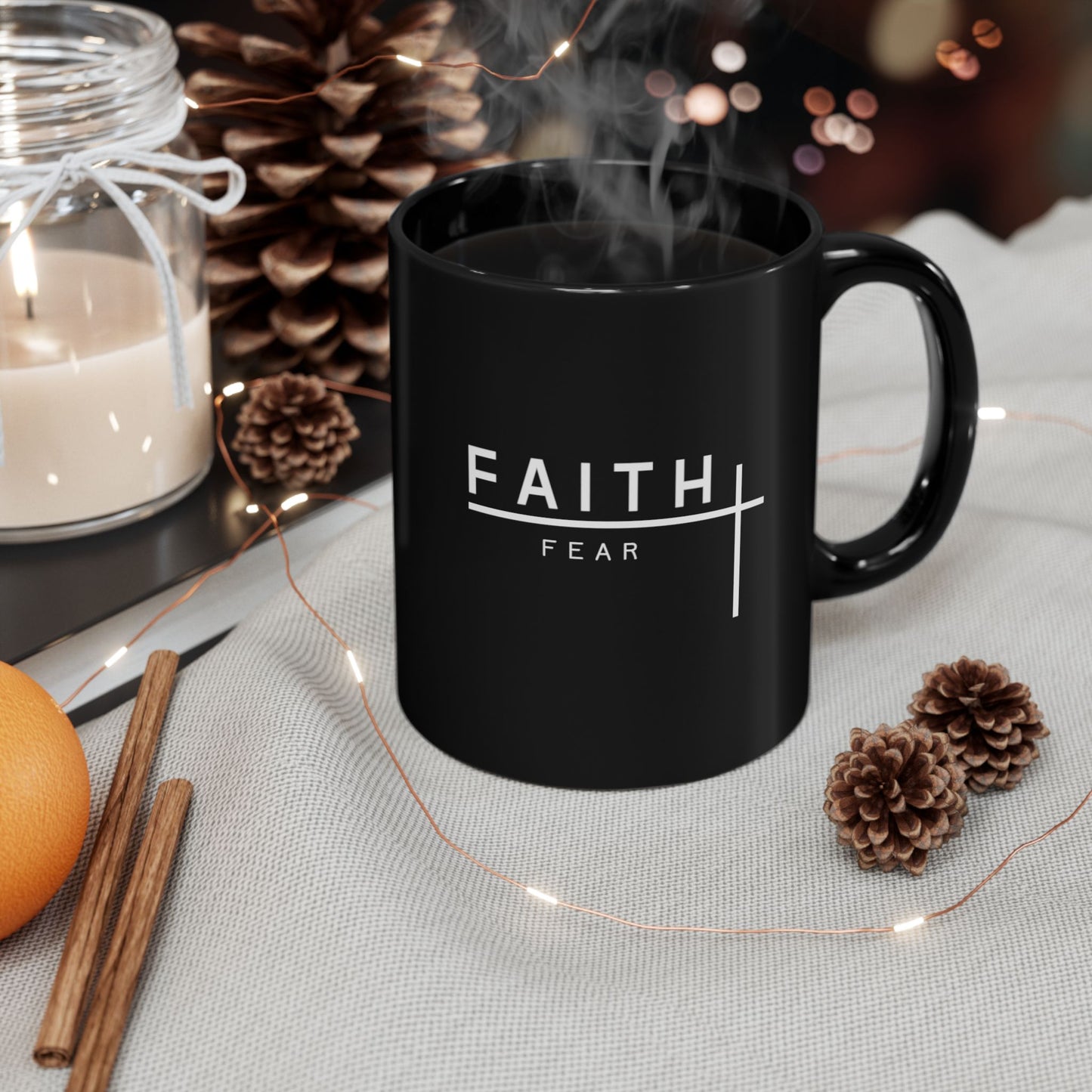 Faith Over Fear Black Ceramic Mug — Inspirational Christian Coffee Cup (11oz/15oz)