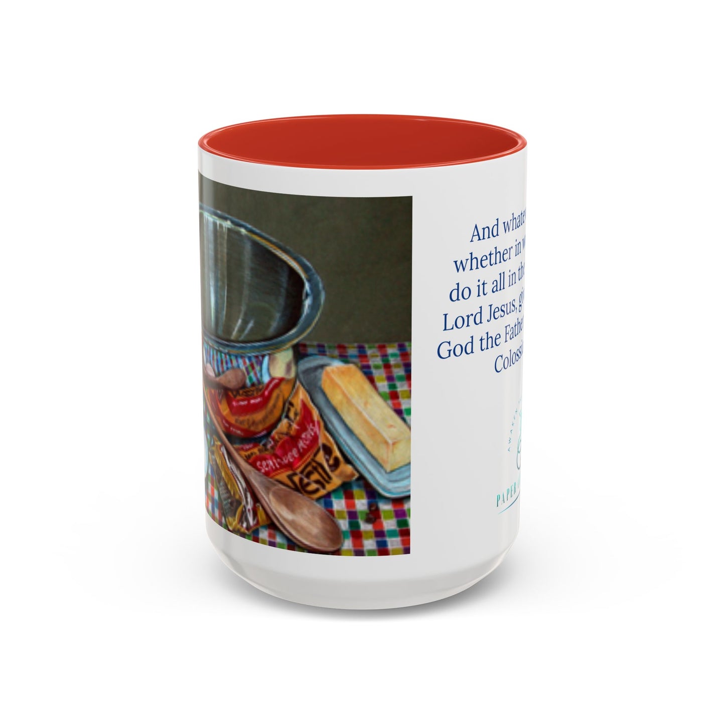 Stirred with Love Mug – Colossians 3:17 Scripture | Original Kitchen Illustration by P. French Barber | Faith-Based Ceramic Cup