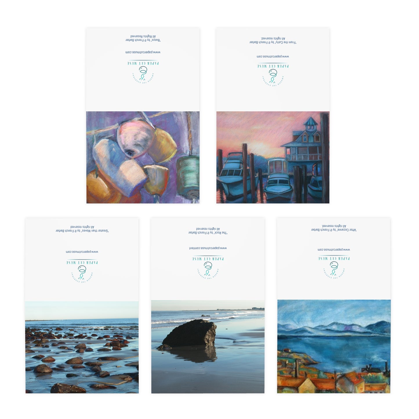 Coastal Reflections Notecard Set – Art by P. French Barber  Blank Inside  Paper Cut Muse