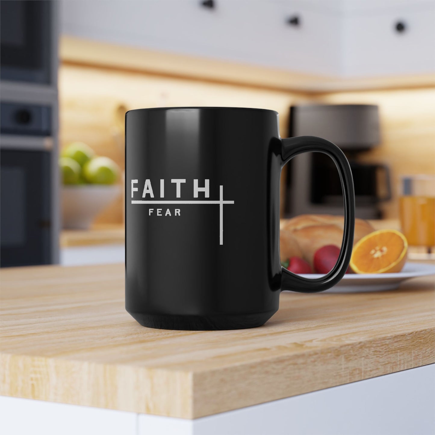 Faith Over Fear Black Ceramic Mug — Inspirational Christian Coffee Cup (11oz/15oz)