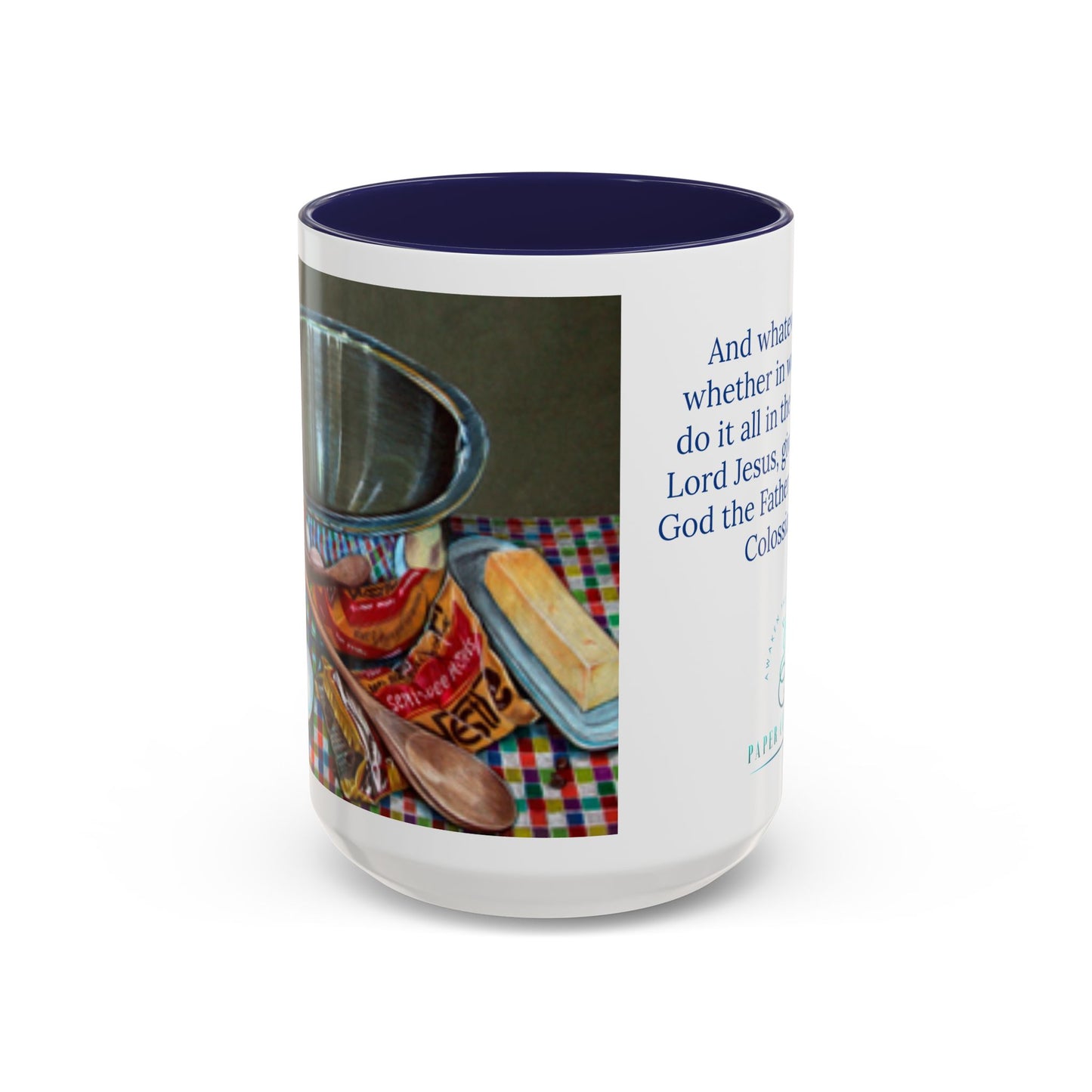 Stirred with Love Mug – Colossians 3:17 Scripture | Original Kitchen Illustration by P. French Barber | Faith-Based Ceramic Cup