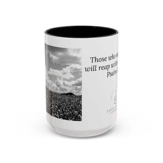 Faithful Harvest Mug – Psalm 126:5 Scripture | Cotton Field Artwork by P. French Barber | Faith-Based Ceramic Coffee Cup