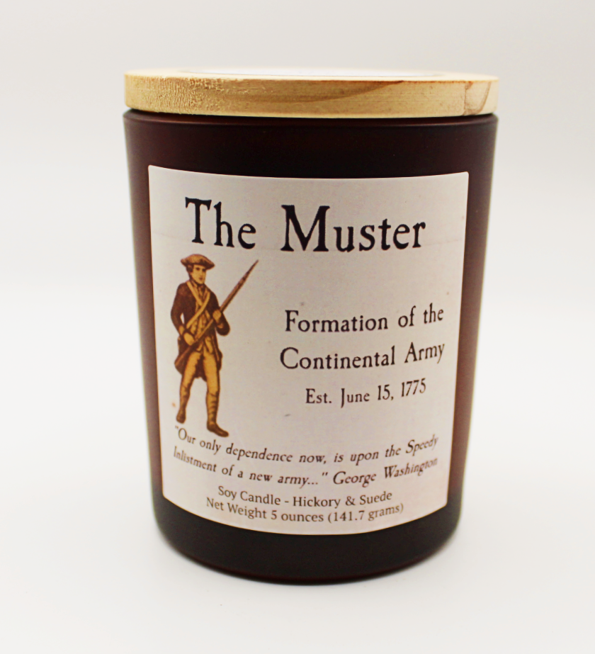 The Muster Candle – Hickory & Suede Scent Soy Candle | America 250 Collection | Wood Lid | USA Made