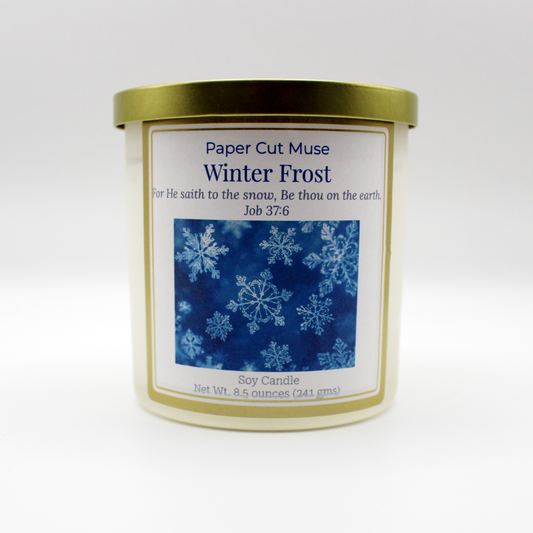 Winter Frost Soy Candle – Holiday Limited Release  8.5 oz  Crisp Snow & Hearth Scent  Frosted White Jar with Gold Lid  USA Made